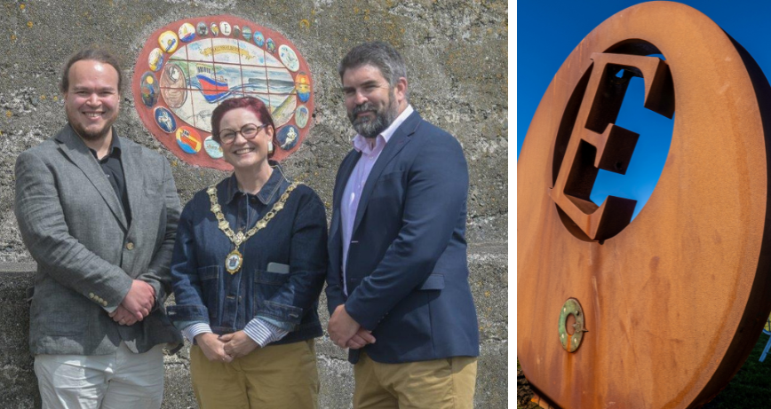 Benjamin Ekpenyong (Senior Policy Delivery Officer UKSPF Northern Ireland); Chris Moore (UKSPF Delivery Manager for NI); Councillor Vicky Moore (Deputy Mayor of Ards and North Down) at Burr Point, Ballyhalbert